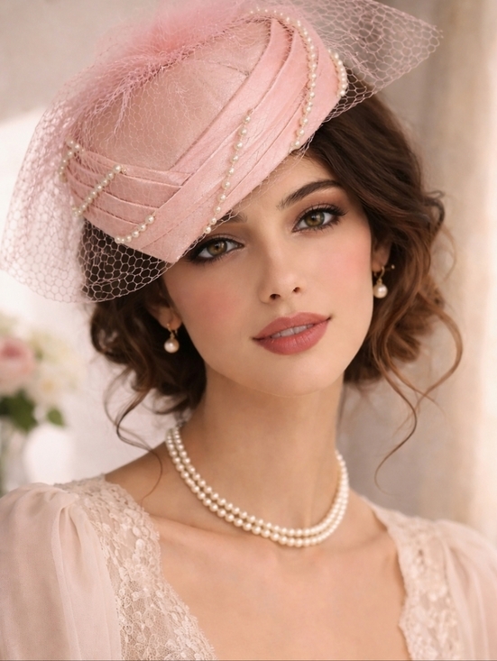 Vintage Accessories - Vintage Lux 1950's Formal Pillbox Satin Hat Pearl Detail